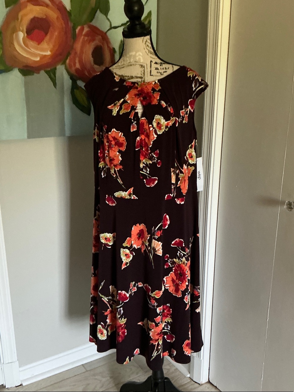 Wisp size 16 W Floral Cap-Sleeve Ceena Jersey in Dark Brown with Orange Blooms